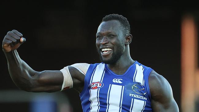 AFL Round 9. North Melbourne vs Adelaide at Metricon Stadium, Gold Coast.  01/08/2020.  Majak Daw of the Kangaroos celebrates his goal in the fourth quarter    . Pic: Michael Klein