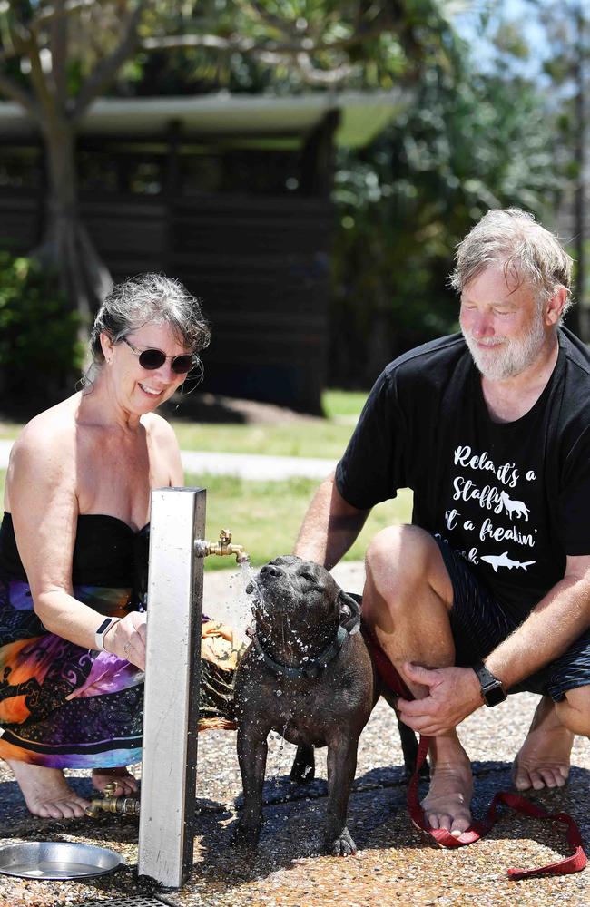 Barry and Alison Watson with their dog Ash are concerned with the recent dog poisoning at Dicky Beach in pet public water bowls, Caloundra. Picture: Patrick Woods.