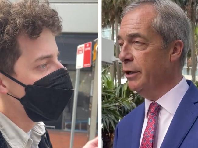 UK political commentator Nigel Farage found himself in a bitter feud with a Sydney protester upon leaving CPAC on Saturday. Picture: Twitter / @Nigel_Farage