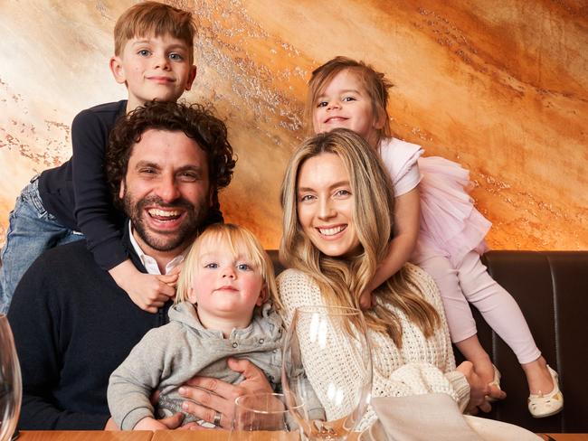 Andre and Hana Ursini with their kids, Rafael, 6, Luca, 1, and Isla, 4 at their restaurant, Orso in Rose Park. Picture: Matt Loxton