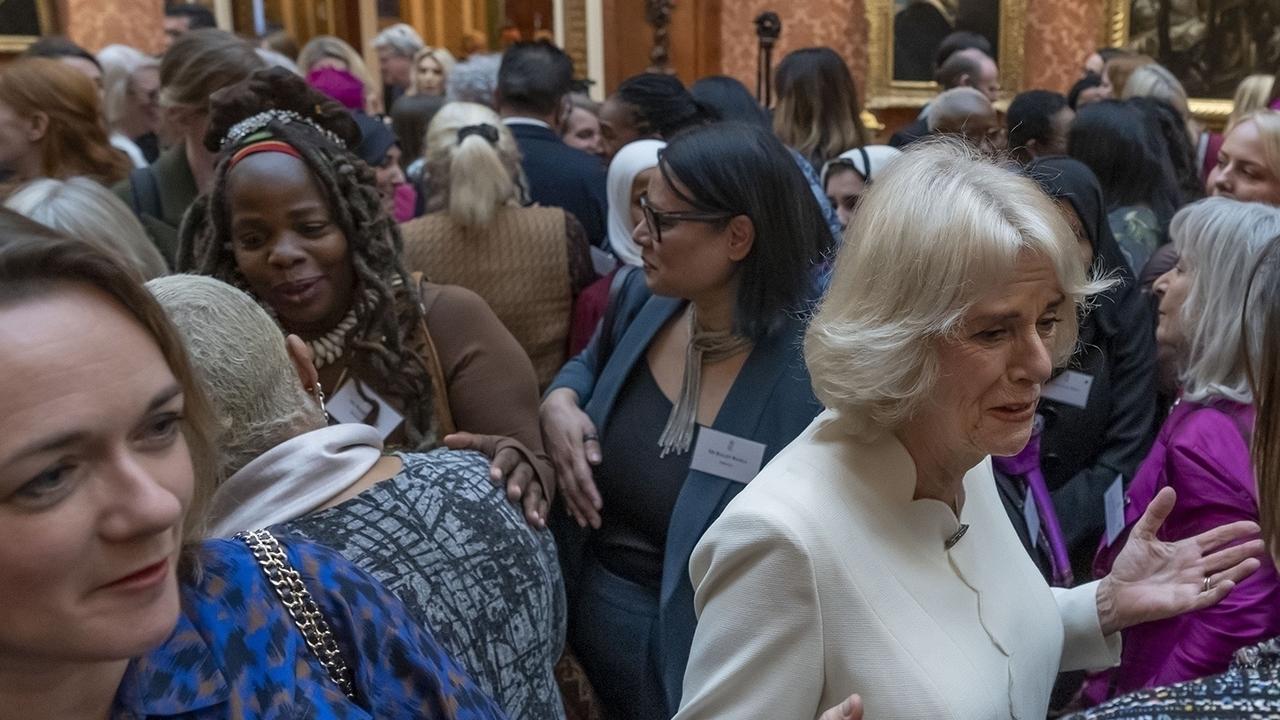 Ngozi Fulani and Camilla, Queen Consort, speak to guests at the Buckingham Palace reception. Picture: Kin Cheung/Backgrid