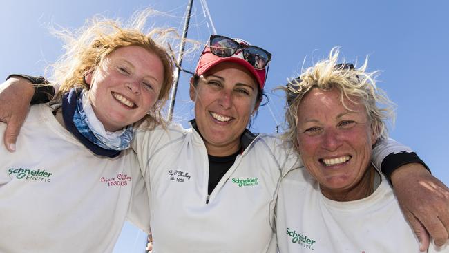 Wendy Tuck, right, with fellow Sydney to Hobart sailors Emma May and Zoe Taylor.