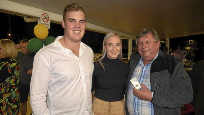 Rio Olympian Matthew Denny, girlfriend Mia Cunningham and Allora Sports Museum president Perry Cronin after the presentation to Denny from the Allora community. Picture: Gerard Walsh