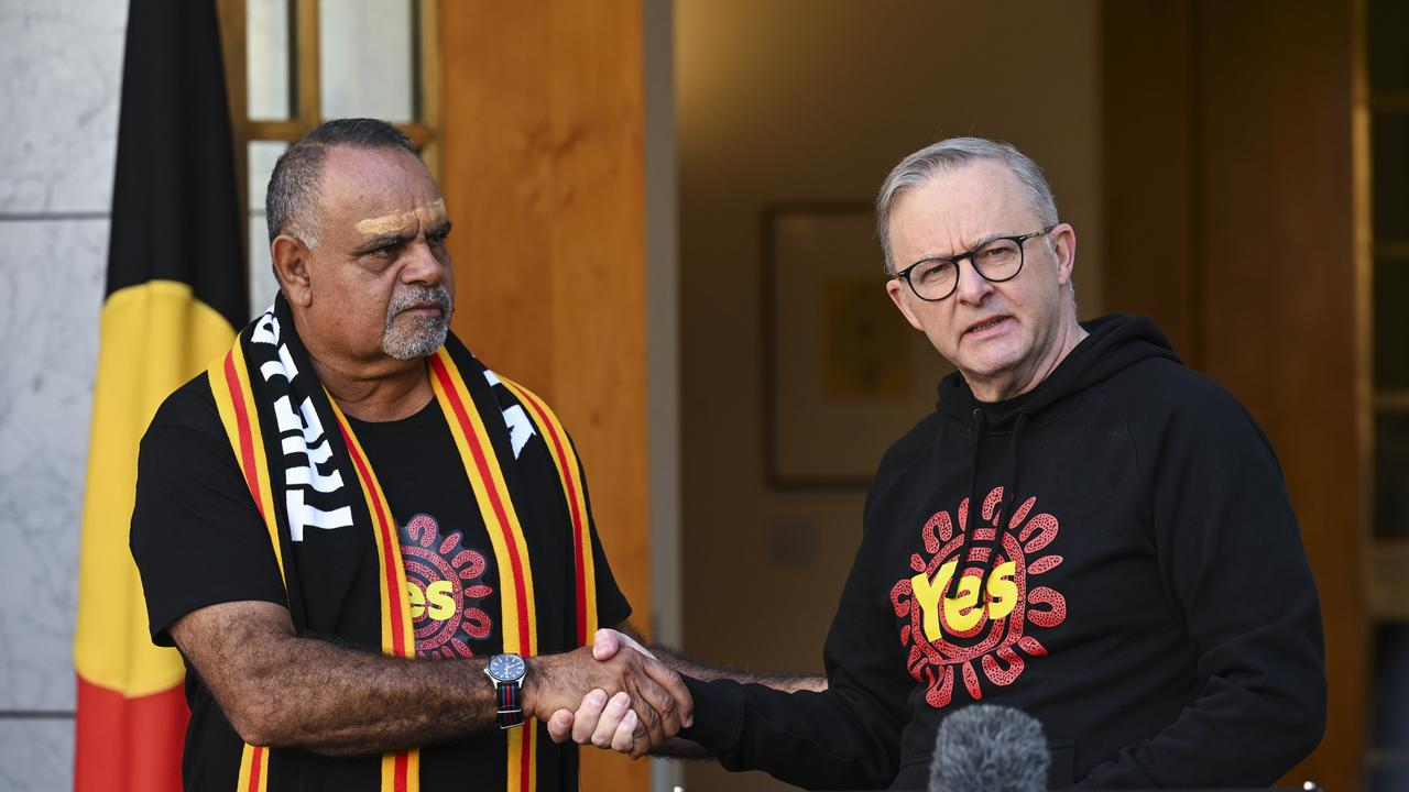 Anthony Albanese with Michael Long after finishing off his 20 day walk from Melbourne in support for a Yes vote at Parliament House in Canberra. Picture: NCA NewsWire/Martin Ollman