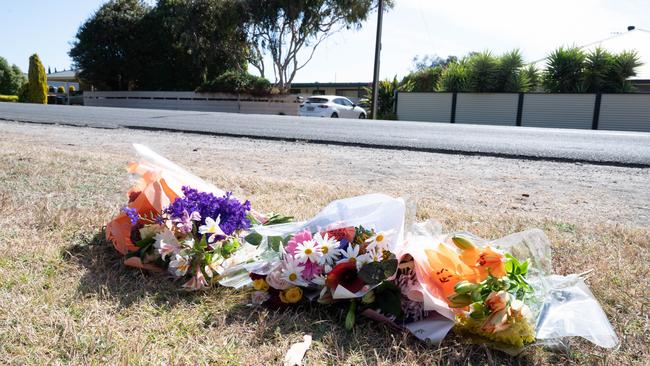 Flowers on Beach Road, Goolwa, where Charlie was struck by a car. Picture: Morgan Sette