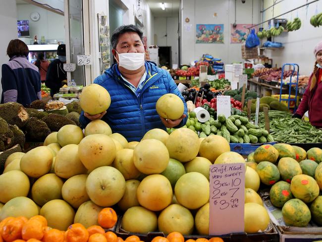 Fruit shop owner Heng Luong and his wife Lee at their shop in Cabramatta. Jane Dempster/The Australian.