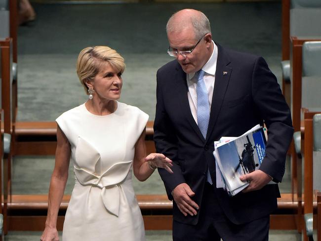 Former Australian foreign minister Julie Bishop walks down the stairs with Prime Minister Scott Morrison at the Parliament House in Canberra in February 2019. Picture: AFP