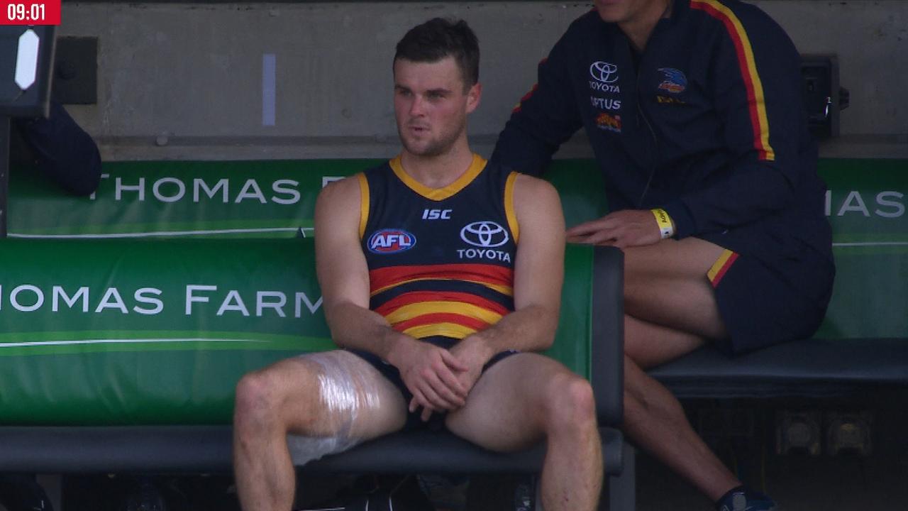 Brad Crouch with ice on his hamstring.