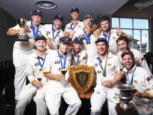 West Torrens players celebrate the club’s latest premiership – the two-day title – on their “mad Monday” at the Grange Hotel this week. Picture Sarah Reed.