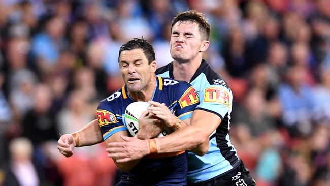 Michael Gordon is tackled by Kyle Flanagan of the Sharks. Picture: Getty Images