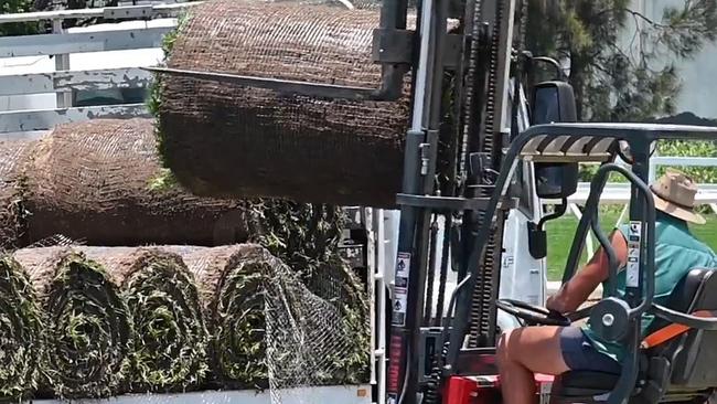 Work is underway to remove the poisoned section of track at the Gold Coast Turf club and replace it with new turf ahead of this weekends Magic Million race day Picture Supplied