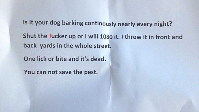 Copy of a letter distributed in Brendan Place, Goodna threatening to kill a barking dog. Letter has been altered by The Queensland Times.Photo: Contributed. Picture: Contributed