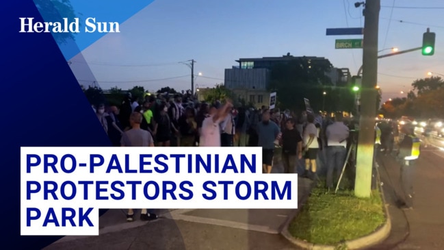 Tensions over the conflict in Gaza flared in Caulfield on Friday night after pro-Palestine protestors stormed a park outside a synagogue.