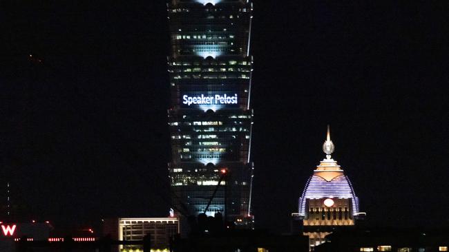 The Taipei 101 skyscraper displays a welcome message for Nancy Pelosi's arrival. Picture: Getty Images.