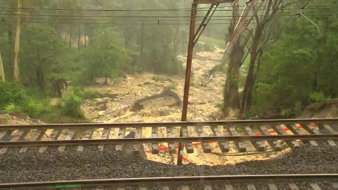 The westbound train line has washed away between Leura and Katoomba. Picture: TNV