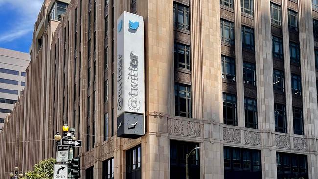 The Twitter sign is pictured after being partially removed at their headquarters building in San Francisco after Musk announced he was killing off the logo.