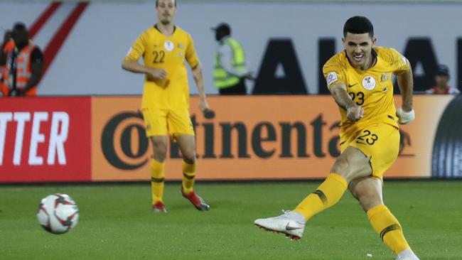 Tom Rogic unleashes his injury-time winner against Syria in Al Ain. Picture: AP
