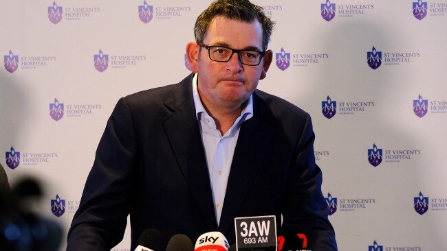 Premier Daniel Andrews fronts the media over Brett Sutton's absence during a surge in COVID-19 cases. Picture: NCA NewsWire / Luis Enrique Ascui