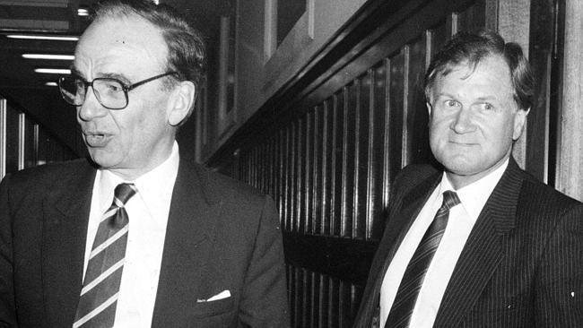 News Corporation executive Rupert Murdoch, left, with Ken Cowley outside HWT boardroom on 3 December, 1986.