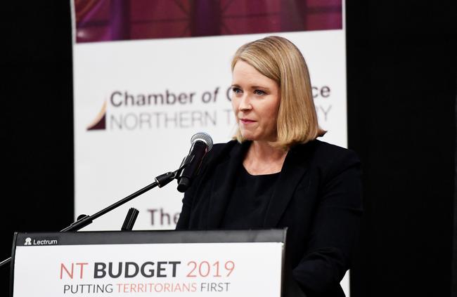 NT Treasurer Nicole Manison addresses the crowd at The Chamber of Commerce's 2019-20 Budget lunch at the Hilton Hotel. She has had some issues balancing the NT’s books. Picture: Keri Megelus