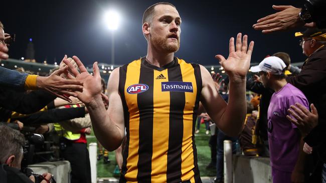 Jarryd Roughead celebrates with Hawks fans after the win over Sydney.