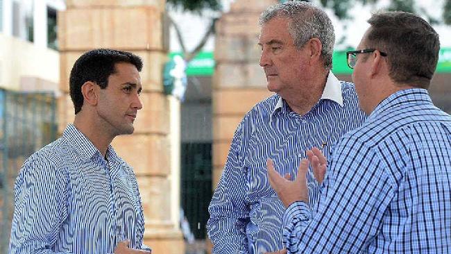 FLOOD TALK: Local Government, Community Recovery and Resilience Minister David Crisafulli, Gympie mayor Ron Dyne and Member for Gympie David Gibson talk flood mitigation in Mary St. Picture: Craig Warhurst