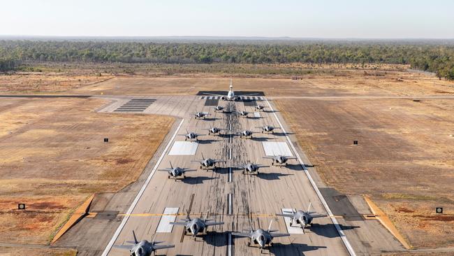 Aircraft from the Royal Australian Air Force and United States Marine Corps participate in an Elephant Walk on the RAAF Base Tindal.