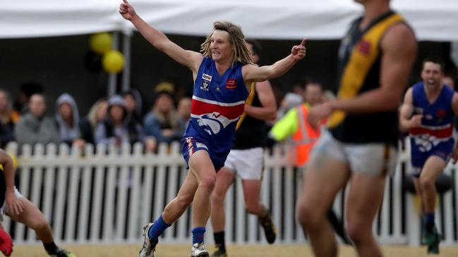 Harrison Byrne celebrates a goal during Wandin’s grand final win at the Yarra Glen Showgrounds last year. Yarra Glen will host the Division 2 grand final this year