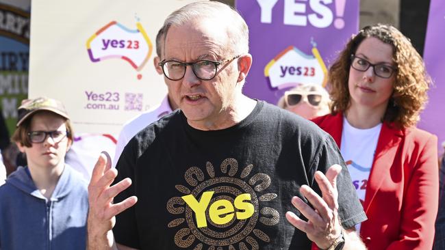 Anthony Albanese meets with Yes23 volunteers at Woden Plaza in Canberra. Picture: NCA NewsWire / Martin Ollman