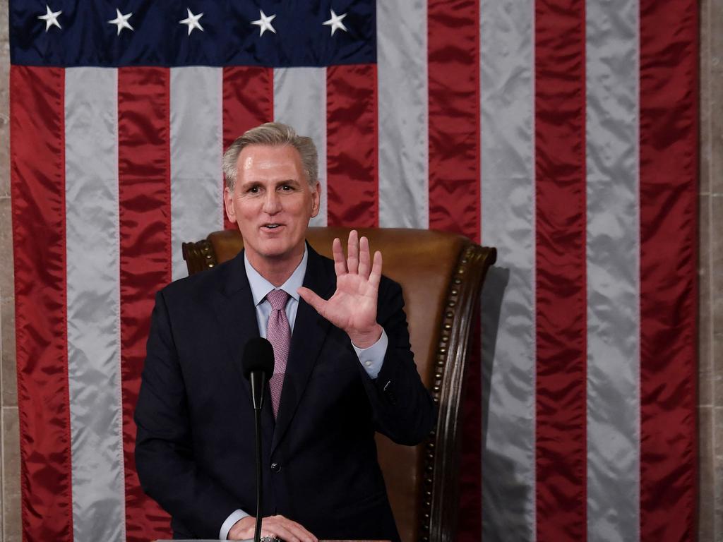 Newly elected Speaker of the US House of Representatives Kevin McCarthy delivers a speech after he was elected on the 15th ballot at the US Capitol in Washington, DC. Picture: AFP