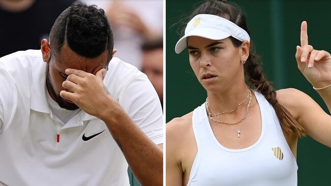 Injured Aussie star Nick Kyrgios (left) bowed out of Wimbledon overnight while compatriot Ajla Tomljanovic accused her opponent Jelena Ostapenko of staging. Pictures: Agencies