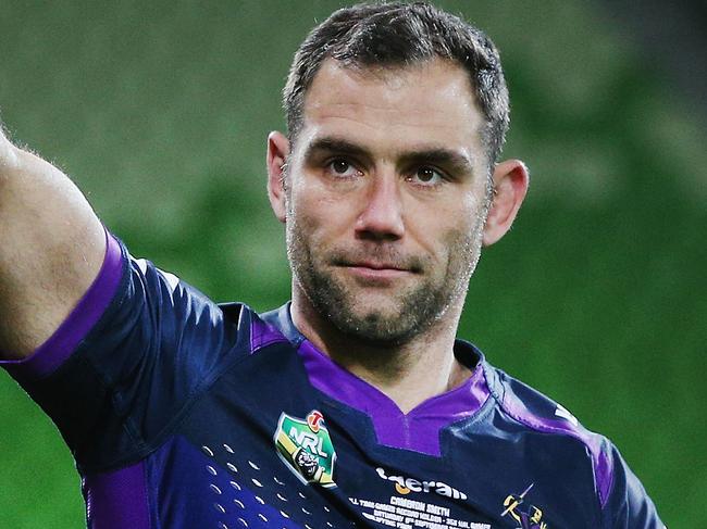 MELBOURNE, AUSTRALIA - SEPTEMBER 09:  Cameron Smith of the Stormthanks fans after winning in his record 356th match during the NRL Qualifying Final match between the Melbourne Storm and the Parramatta Eels at AAMI Park on September 9, 2017 in Melbourne, Australia.  (Photo by Michael Dodge/Getty Images)