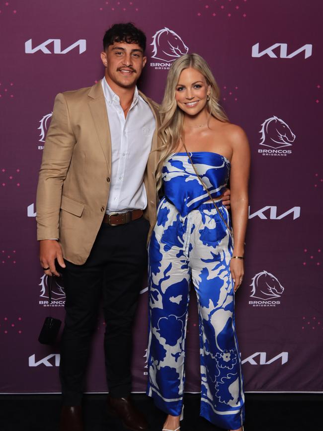 Kotoni Staggs and Brittany Becht at the Brisbane Broncos’ season launch at Water’s Edge, Hamilton. Picture: David Clark
