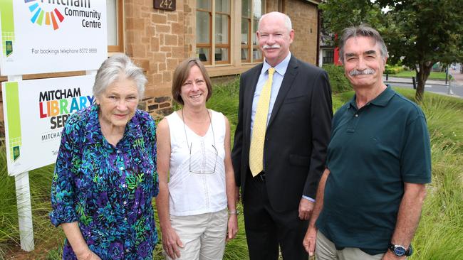 Heather Beckmann, Karen Collins and Stewart Mitchell of the Blackwood Belair District Community Association, which used to administer community fire refuges, with Mitcham Mayor Glenn Spear. Picture: Stephen Laffer