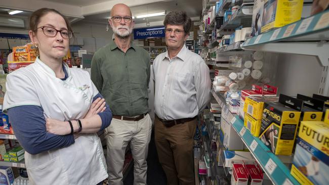 Pharmacists, Katie Hayes (Risdon Vale Pharmacy), Greg Finlayson (Shoreline Pharmacy, Howrah) and Rhys Jones (Rhys Jones Pharmacy, Rosny Park) at Risdon Vale Pharmacy. Picture: Chris Kidd