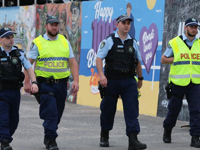 Police will continue to patrol Bondi Beach and other parts of the city on New Year’s Day. Picture: Bill Hearne