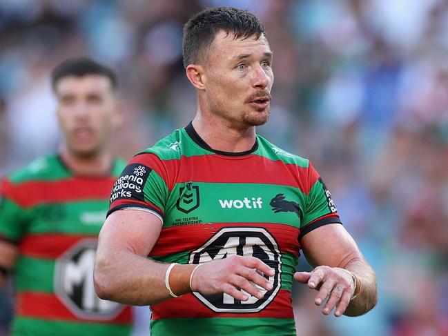 SYDNEY, AUSTRALIA - MARCH 29: Damien Cook of the Rabbitohs talks to the referee during the round four NRL match between South Sydney Rabbitohs and Canterbury Bulldogs at Accor Stadium, on March 29, 2024, in Sydney, Australia. (Photo by Cameron Spencer/Getty Images)