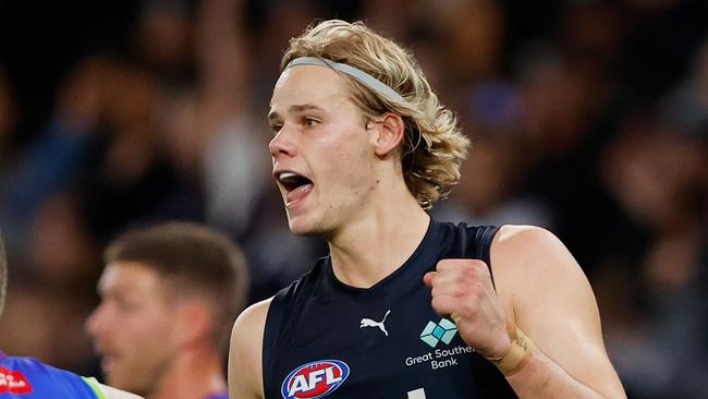 MELBOURNE - APRIL 07: Tom De Koning of the Blues celebrates a goal during the 2023 AFL Round 04 match between the North Melbourne Kangaroos and the Carlton Blues at Marvel Stadium on April 7, 2023 in Melbourne, Australia. (Photo by Dylan Burns/AFL Photos via Getty Images)