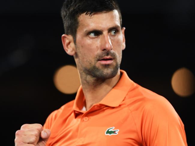 ADELAIDE, AUSTRALIA - JANUARY 06: Novak Djokovic of Serbia celebrates winning the match against  Denis Shapovalov of Canada during day six of the 2023 Adelaide International at Memorial Drive on January 06, 2023 in Adelaide, Australia. (Photo by Mark Brake/Getty Images)