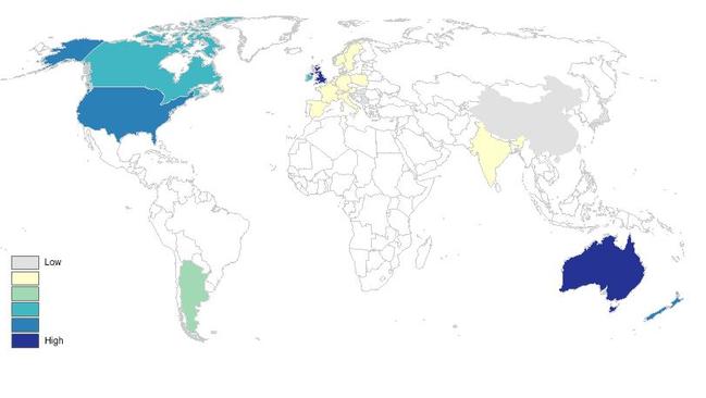A map showing where in the world the surname “Williams” is most common.