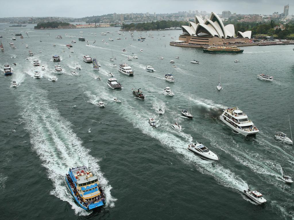 Pictured are ferrys racing during the annual Sydney Ferry Race on Sydney Harbour on Australia Day 2017. Picture: Richard Dobson