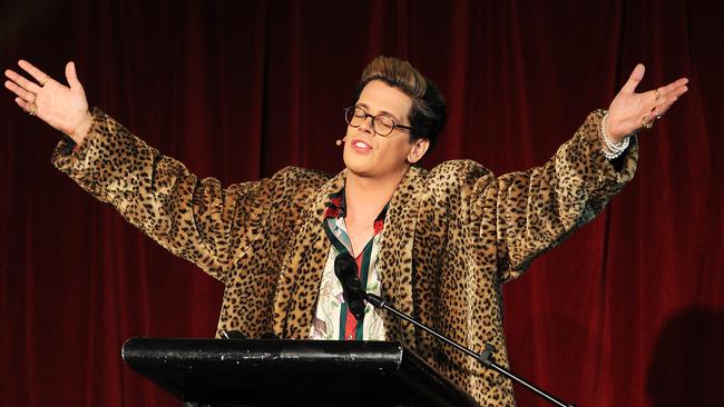 Milo Yiannopoulos on stage at Le Montage in Lilyfield.