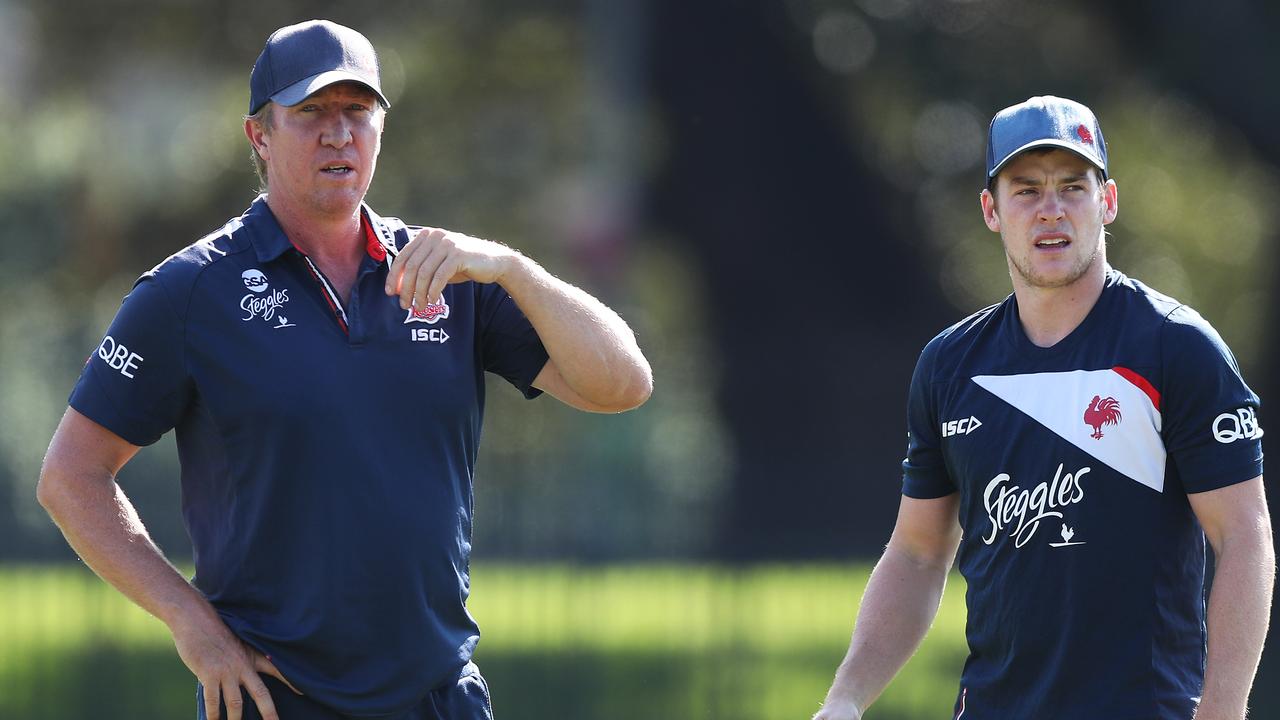 Roosters coach Trent Robinson and Luke Keary during Sydney Roosters rugby league training at Moore Park, Sydney. Picture: Brett Costello