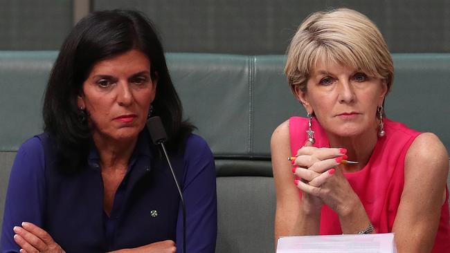 Julia Banks and Julie Bishop in Question Time yesterday. Picture Kym Smith