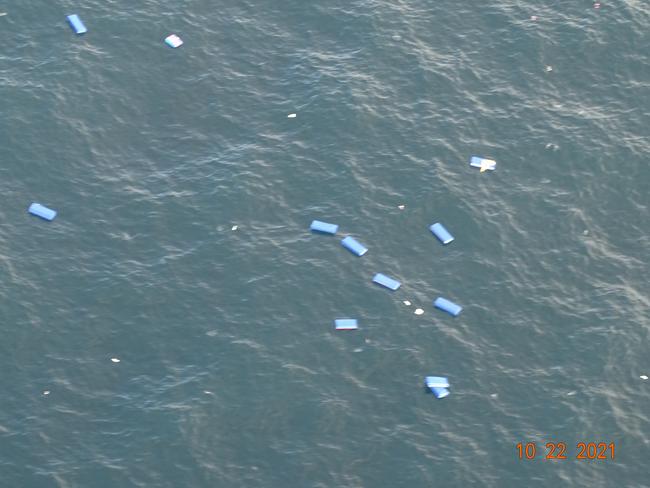 Floating containers seen by a US Coast Guard helicopter. Picture: @USCGPacificNW/Twitter