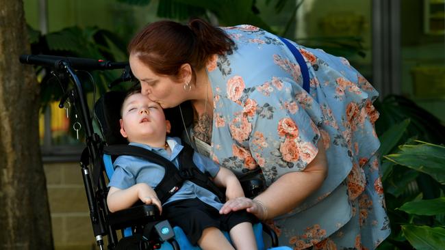 Tia Wall with Ayden, 5, at Townsville University Hospital. Picture: Evan Morgan