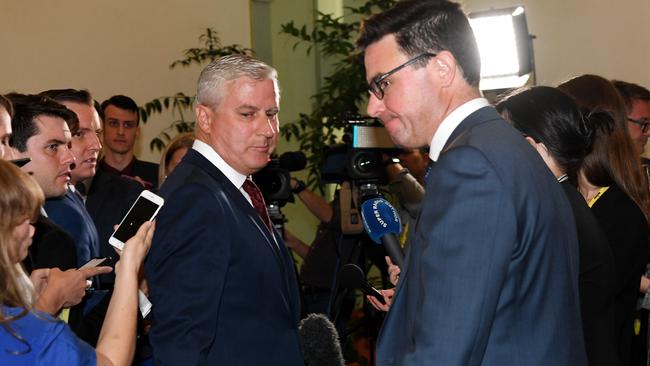 Michael McCormack and David Littleproud leave a press conference winning the ballot. Picture: Getty Images.