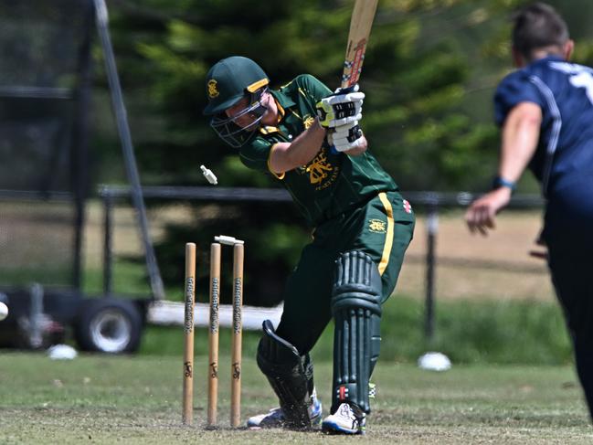 CarltonÃs Evan Gulbis bowls out NorthcoteÃs Aaron Crispe during the Victorian Premier Cricket match between Carlton and Northcote in Carlton North , Saturday, Jan. 7, 2023.Picture: Andy Brownbill