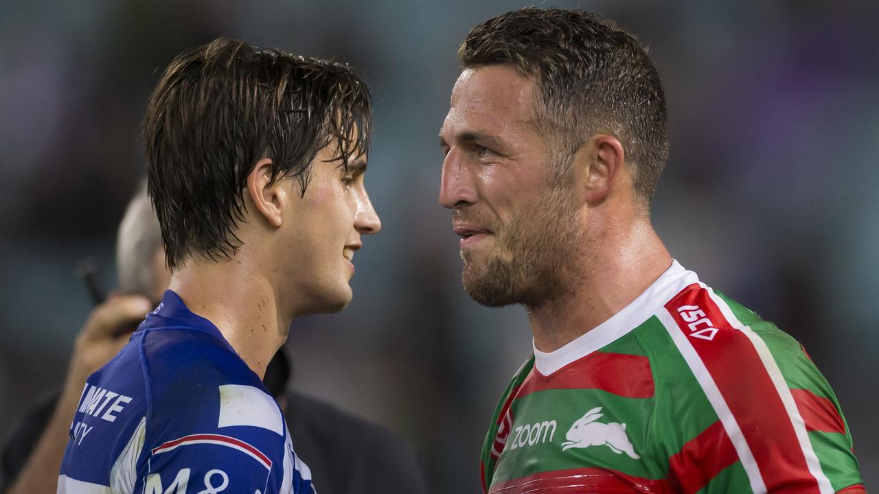 Lachlan Lewis and Sam Burgess had a running battle in the Rabbitohs victory over the Bulldogs. 