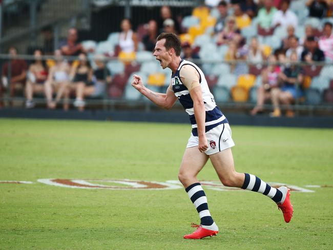 Port Douglas' Wes Glass celebrates kicking a goal in the AFL Cairns men's grand final match between the Port Douglas Crocs and the South Cairns Cutters, played at Cazalys Stadium. PICTURE: BRENDAN RADKE